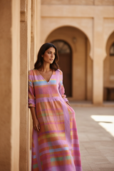 Women's Multicolor Linen Midi Dress - V-Neck