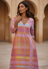 Women's Multicolor Linen Midi Dress - V-Neck