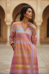 Women's Multicolor Linen Midi Dress - V-Neck