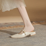 Women's Cream Leather Mule Flats - Gold Buckle