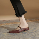 Women's Cream Leather Mule Flats - Gold Buckle