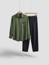 Green Black men's linen long sleeve set | main