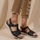 Women's Black Suede Woven Strap Wedge Sandals