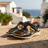 Women's Black Suede Woven Strap Wedge Sandals