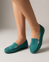 Women's Black Suede Loafers - Metal Detail
