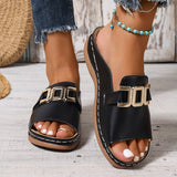 Women's Black Leather Platform Slide Sandals - Gold Detail