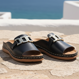 Women's Black Leather Platform Slide Sandals - Gold Detail