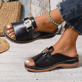 Women's Black Leather Platform Slide Sandals - Gold Detail