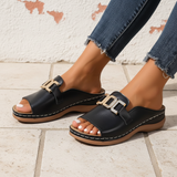 Women's Black Leather Platform Slide Sandals - Gold Detail
