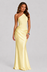 Women’s One-Shoulder Satin Maxi Dress with Draped Waist for Evening & Formal Wear