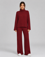 Women's Ribbed Knitted Co-Ord Set With Wide-Leg Trousers