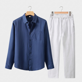 Men's Navy and White Linen Long Sleeve Set