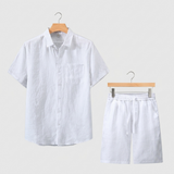 Men's White Linen Short Sleeve Shirt and Shorts Set