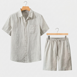 Men's Beige Linen Short Sleeve Shirt and Shorts Set