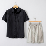 Men's Black and Beige Linen Short Sleeve Set