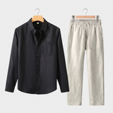Men's Black Linen Shirt and Pants Set - Button-Up