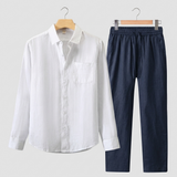 Men's White and Navy Linen Long Sleeve Set