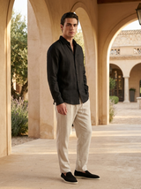 Men's Black Linen Shirt and Pants Set - Button-Up