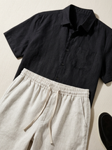 Men's Black and Beige Linen Short Sleeve Set
