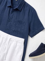 Men's White and Navy Linen Short Sleeve Set