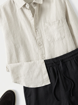 Men's Beige and Black Linen Long Sleeve Set