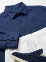 Men's Navy and White Linen Long Sleeve Set