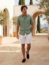 Men's Green and White Linen Short Sleeve Set
