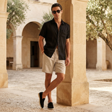 Men's Black and Beige Linen Short Sleeve Set