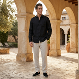 Men's Black Linen Shirt and Pants Set - Button-Up
