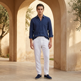 Men's Navy and White Linen Long Sleeve Set