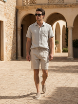 Men's Beige Linen Short Sleeve Shirt and Shorts Set