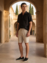 Men's Black and Beige Linen Short Sleeve Set