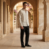 Men's Beige and Black Linen Long Sleeve Set