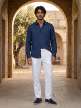 Men's Navy and White Linen Long Sleeve Set
