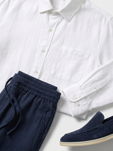 Men's White and Navy Linen Long Sleeve Set