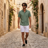 Men's Green and White Linen Short Sleeve Set