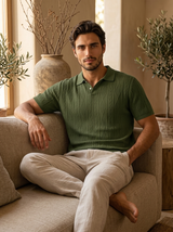 Men's Textured Blue Knit Polo Shirt
