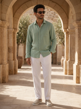 Men's Mint Green and White Linen Long Sleeve Set