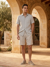Men's Beige Linen Short Sleeve Shirt and Shorts Set