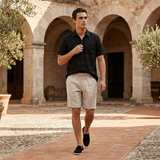 Men's Black and Beige Linen Short Sleeve Set