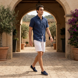 Men's White and Navy Linen Short Sleeve Set