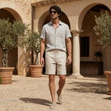 Men's Beige Linen Short Sleeve Shirt and Shorts Set