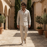 Men's Beige Linen Long Sleeve Shirt and Pants Set