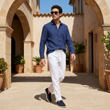 Men's Navy and White Linen Long Sleeve Set