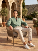 Men's Green and White Linen Long Sleeve Set