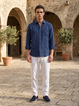 Men's Navy and White Linen Long Sleeve Set