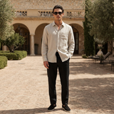 Men's Beige and Black Linen Long Sleeve Set