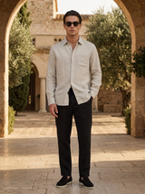 Men's Beige and Black Linen Long Sleeve Set