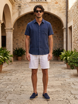 Men's Navy and White Linen Short Sleeve Set