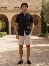 Men's Black and Beige Linen Short Sleeve Set
